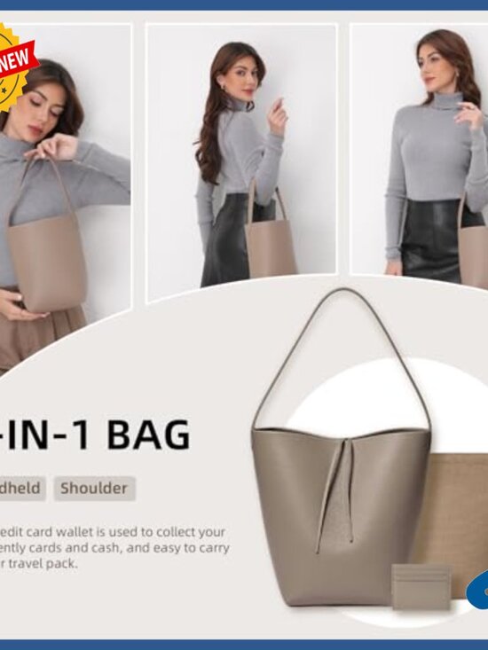 Genuine Leather Bucket Tote Bag with Credit Card Holder Wallet, Medium Size - Picture 5 of 7